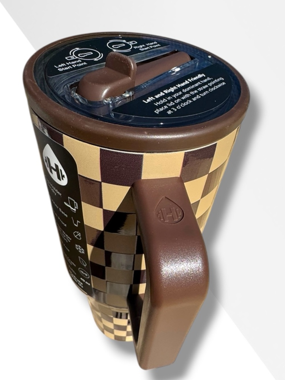 ravel Brown and Cream Checkered Insulated Travel Mug with Handle - Picture 4 of 5